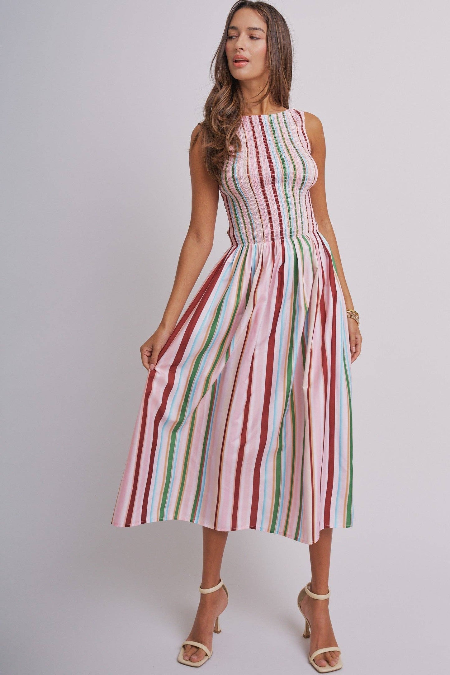 Candy Stripe Smocked Midi Dress