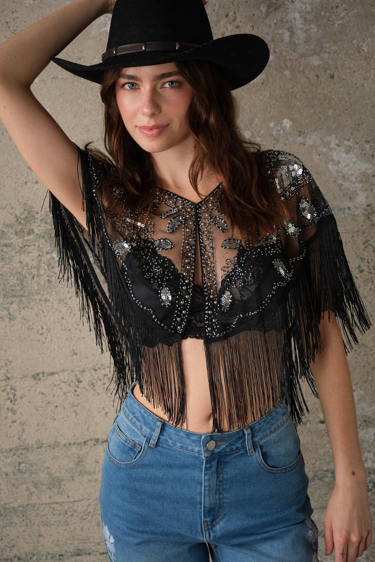 Blue B Sequin Beaded Fringe Mesh Cape