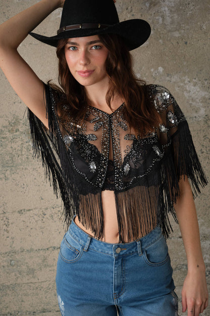 Blue B Sequin Beaded Fringe Mesh Cape