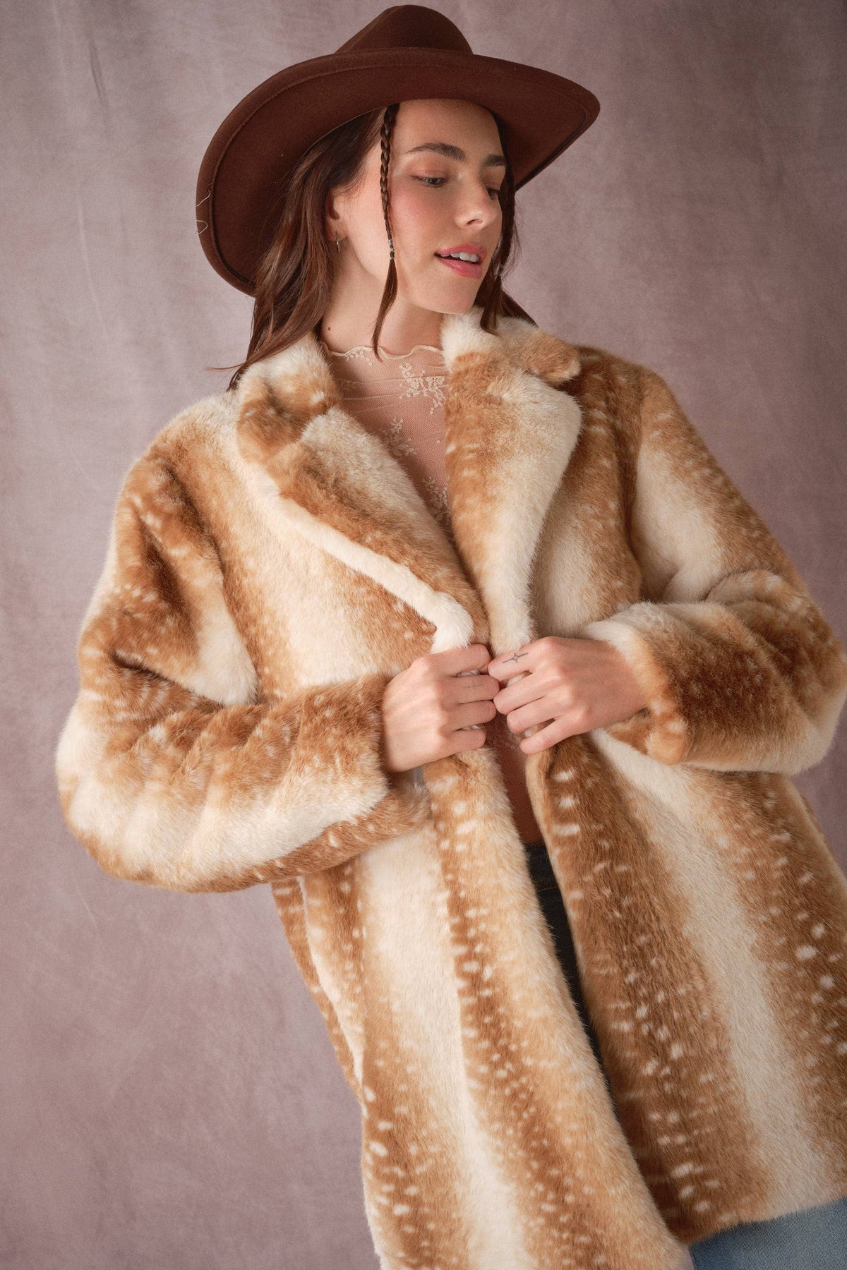 Blue B Deer Print Faux Fur Coat