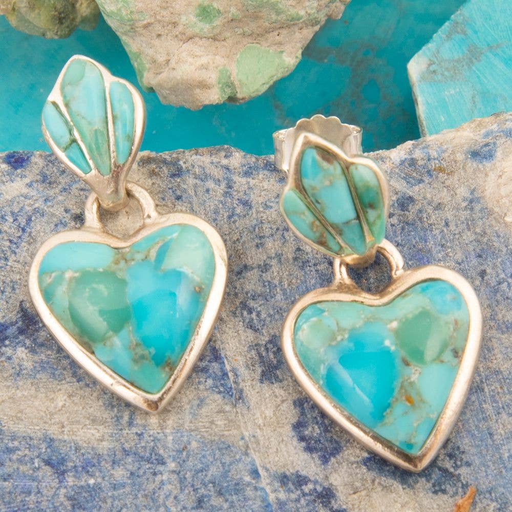 Barse Jewelry Blue Turquoise Heart Silver Drop Post Earrings