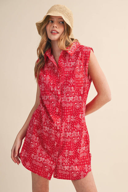 Bandana Print Button Front Romper