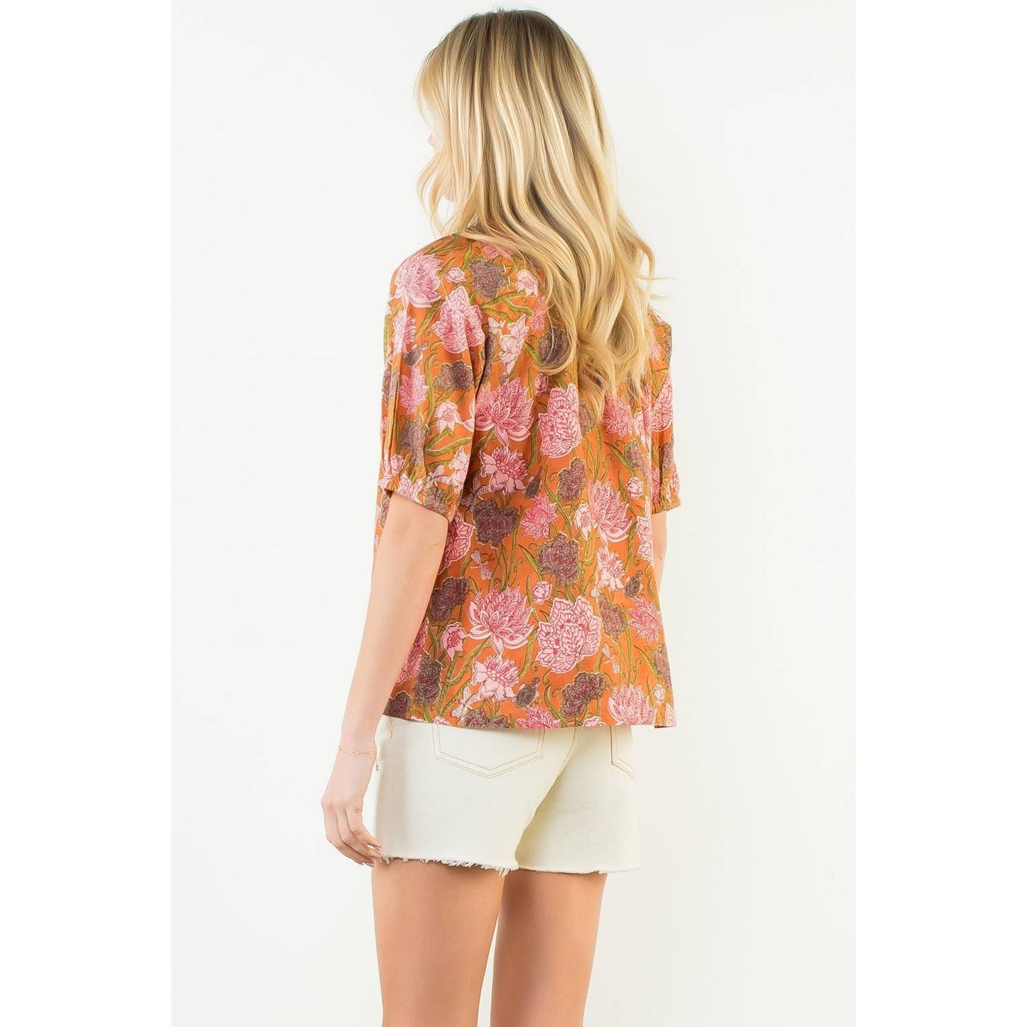 Short Sleeve Floral Pattern V-Neck Top