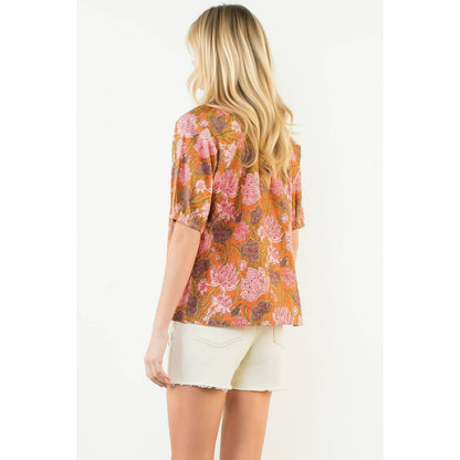 Short Sleeve Floral Pattern V-Neck Top