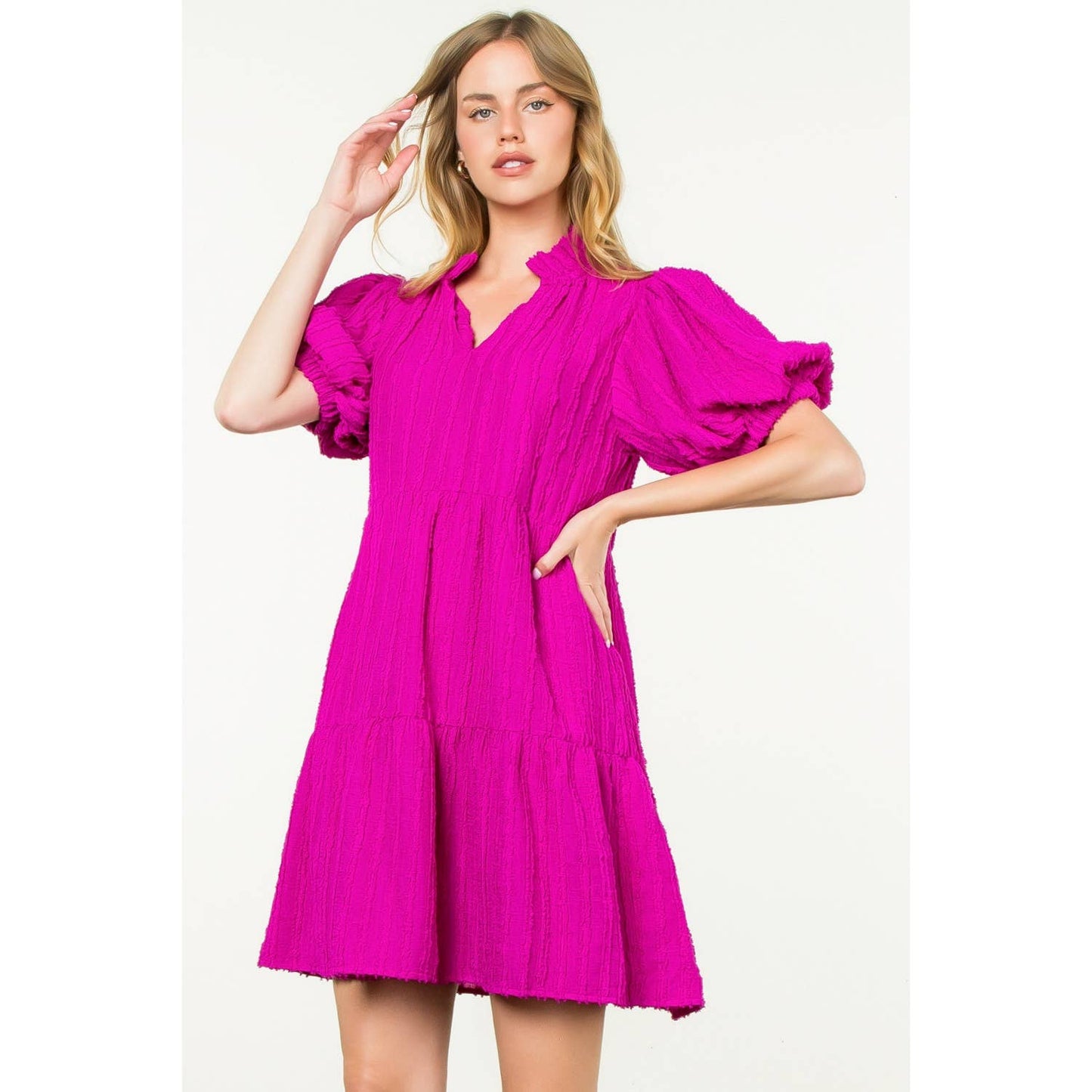 Tiered Puff Sleeve Textured Dress