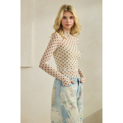Lace Long Sleeve See Through Polka Dot Top
