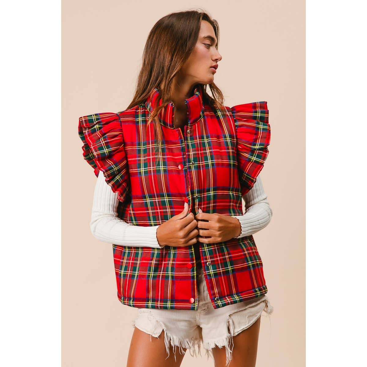 CHRISTMAS PLAID RUFFLE VEST