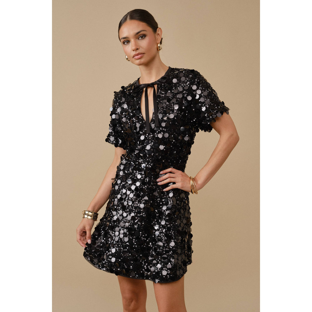 Sequin Tie-Neck Mini Dress