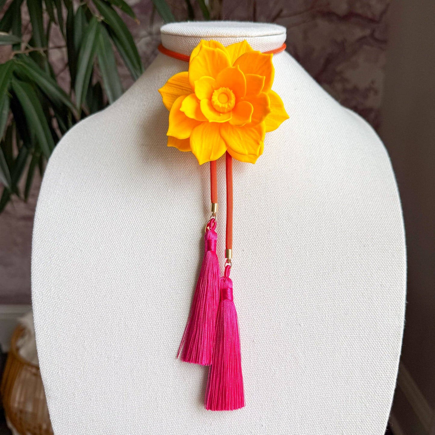 Rahya Jewelry Design Lotus Flower Bolo Sunflower Yellow with Solar Orange & Fuchsia
