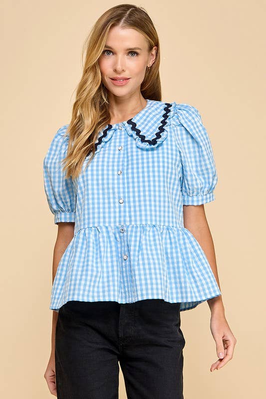 Gingham Peplum Top With Peter Pan Collar