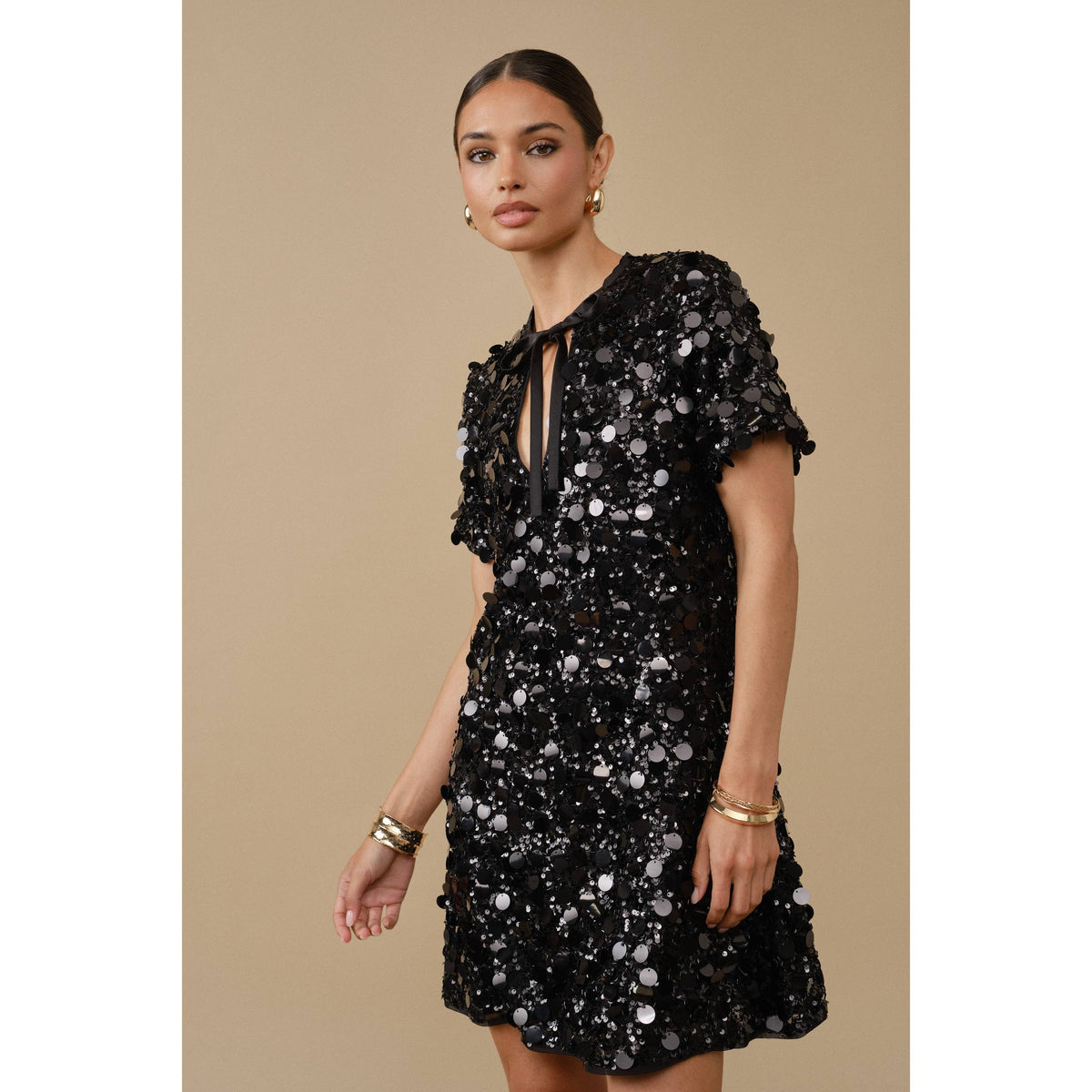 Sequin Tie-Neck Mini Dress