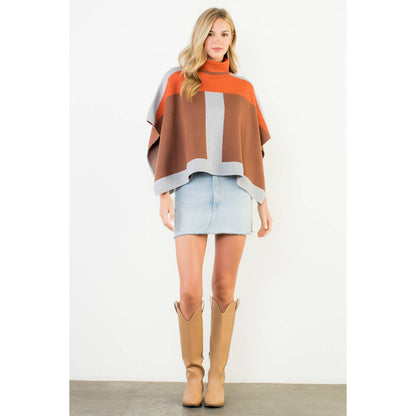 Colorblock Turtleneck Knit Poncho