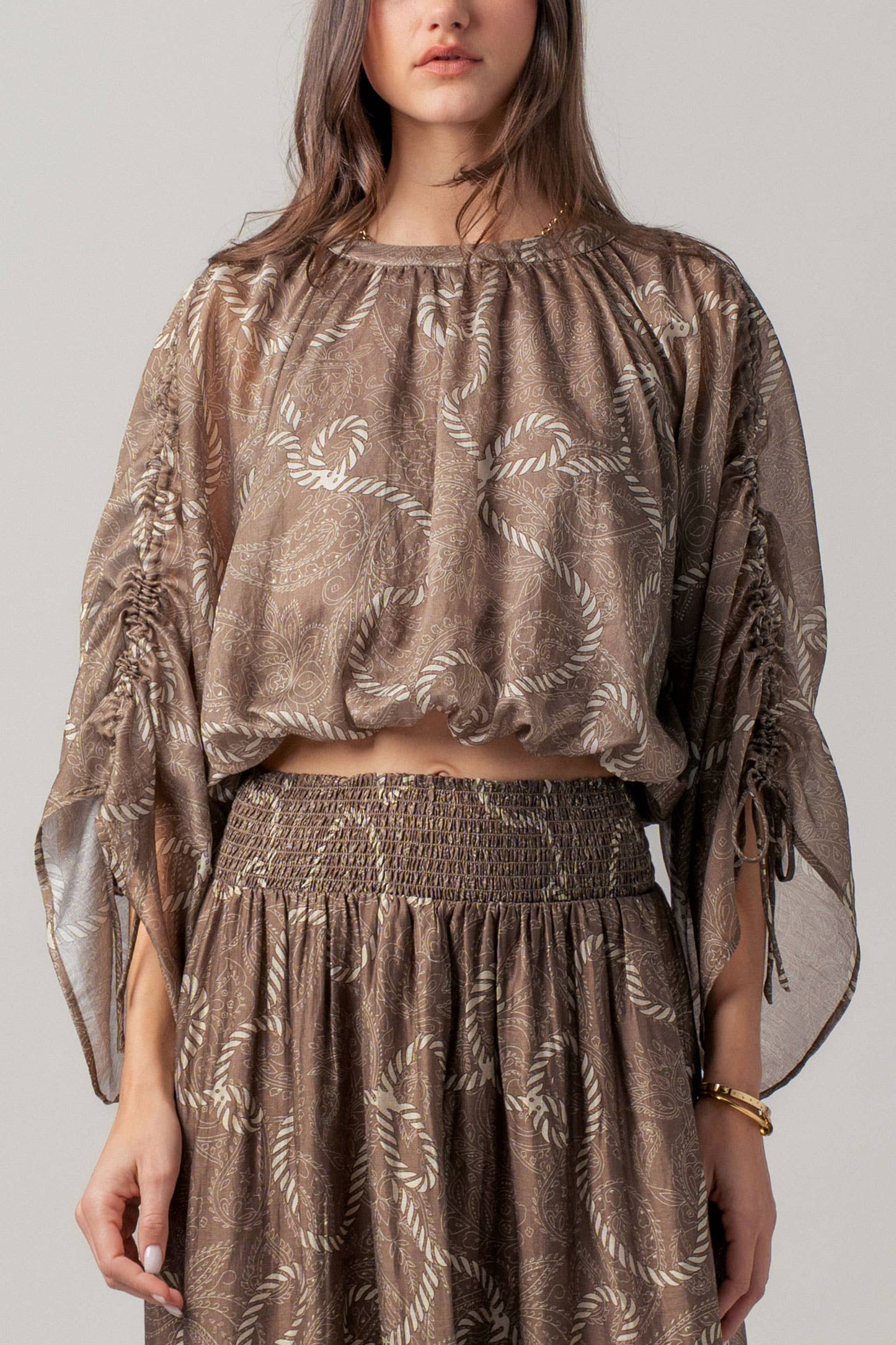 Rope Print Ruched Sleeve Blouse & Smocked Waist Skirt Set
