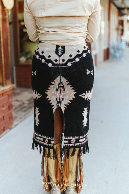 Black Aztec Knit Fringe Sweater Skirt