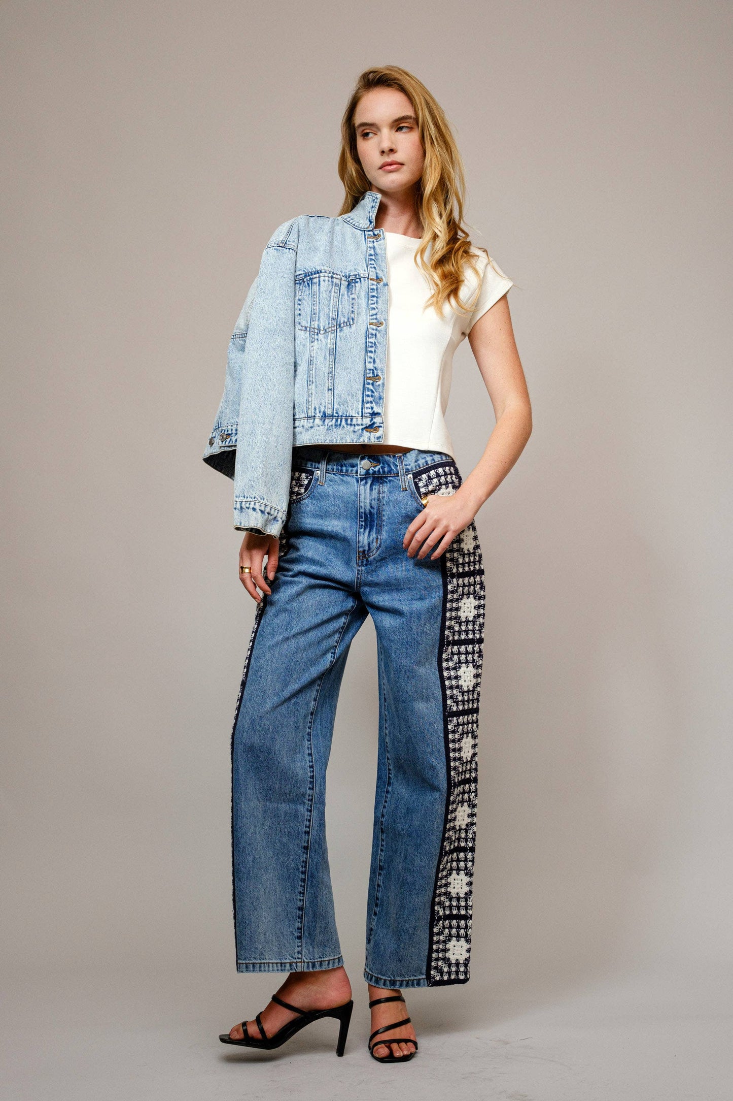 Garment Washed Side Crochet Denim Jeans