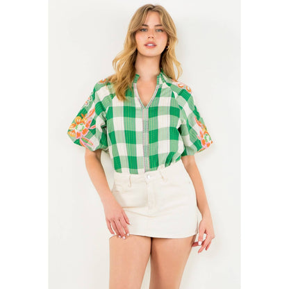 Embroidered Puff Sleeve Plaid Top
