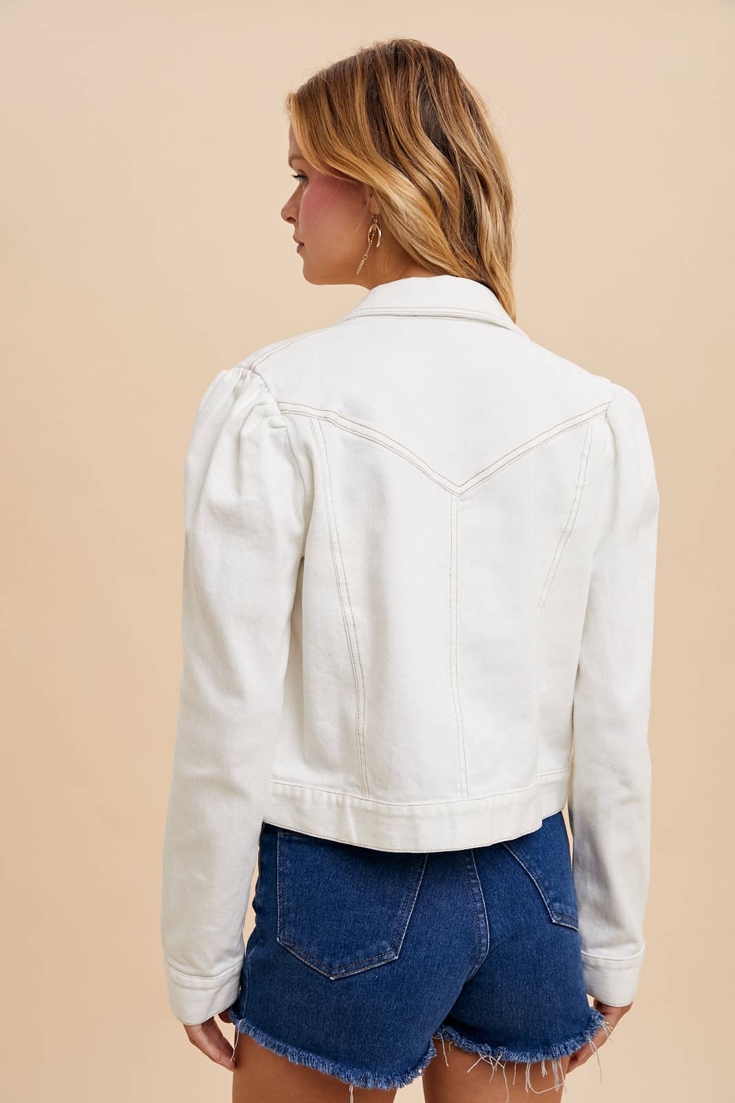 Shirred Sleeve Cropped Demin Jacket