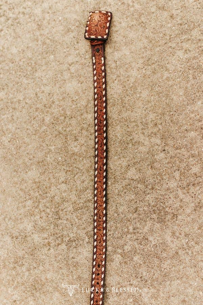 Lucky & Blessed Brown Tooled Floral Leather Belt