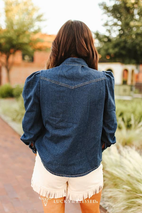 Dark Wash Denim Puff Sleeve Shirt