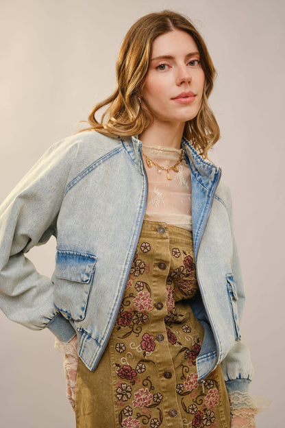 Western Embroidered Denim Bomber Jacket