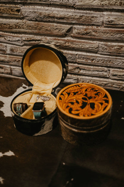 Round Tooled Cowhide Jewelry Box