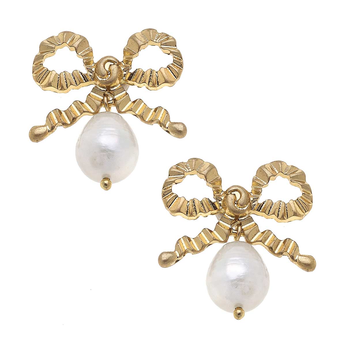 Canvas Style Kate Bow & Pearl Drop Earrings in Worn Gold