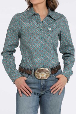 Cinch Women's Geometric Print Button-Down Blue Western Shirt
