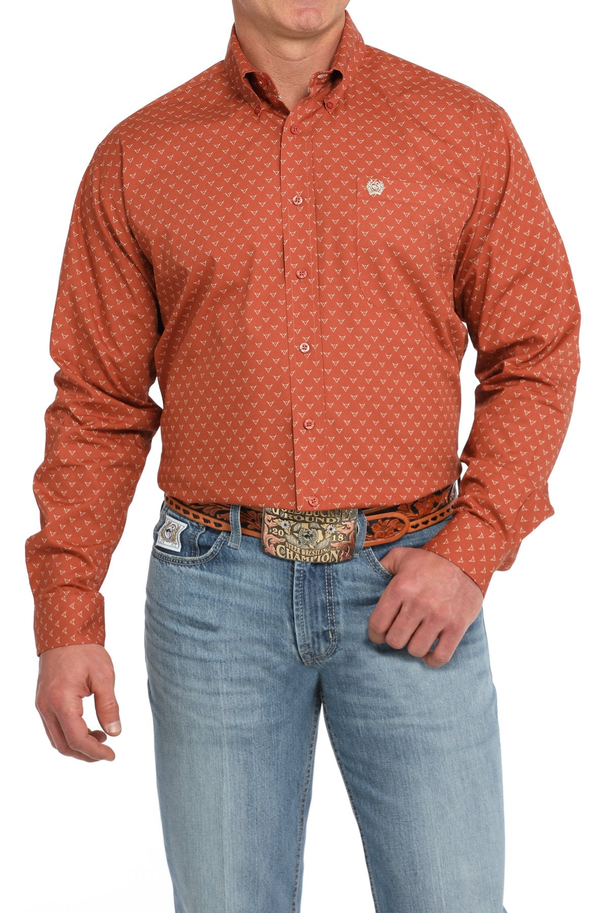 Cinch Orange Steer Print Button-Down Western Shirt